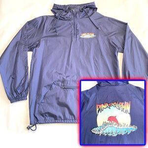 PINK DOLPHIN 1/4 Zip Hooded Windbreaker Jacket! Navy Blue Zip Pocket Sz Lrg